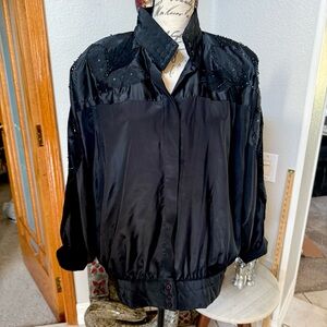 Vintage 90s Suzelle Black Beaded Silk Satin Embroidered Bomber Jacket Size M